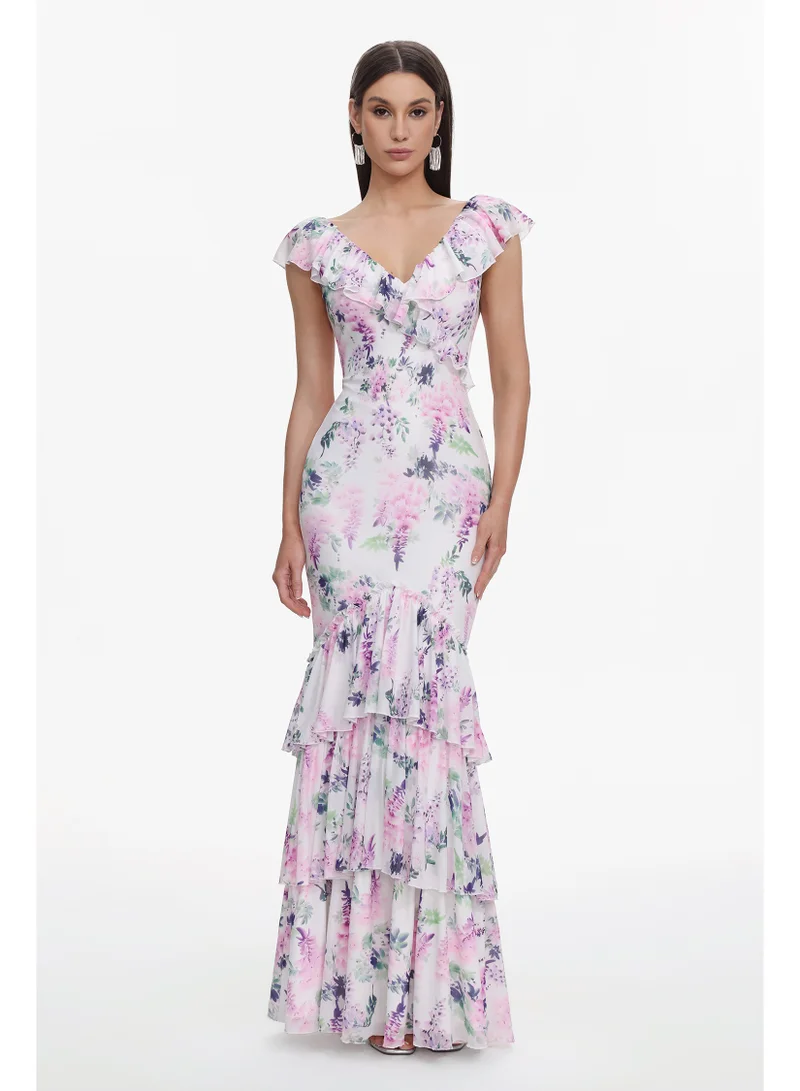 بيلا بارنيت فستان ماكسي رومانسي فضفاض بياقة على شكل حرف V بدون أكمام مزين بكشكشة وطبعة زهور من لافيسا